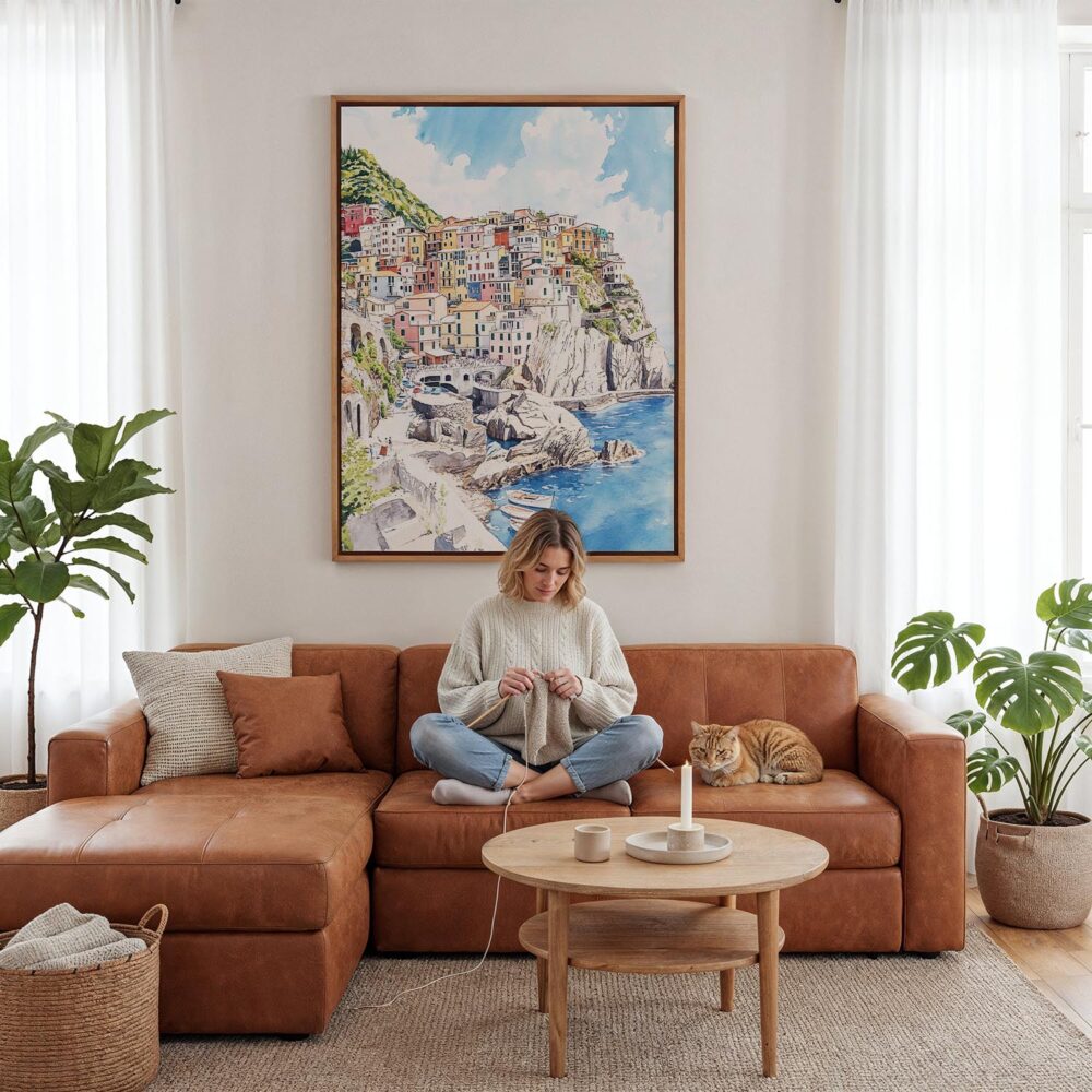 04 - Framed Cinque Terre Watercolor Canvas Print - Woman Knitting - Vertical.jpg 04 - Framed Cinque Terre Watercolor Canvas Print - Woman Knitting - Vertical.jpg