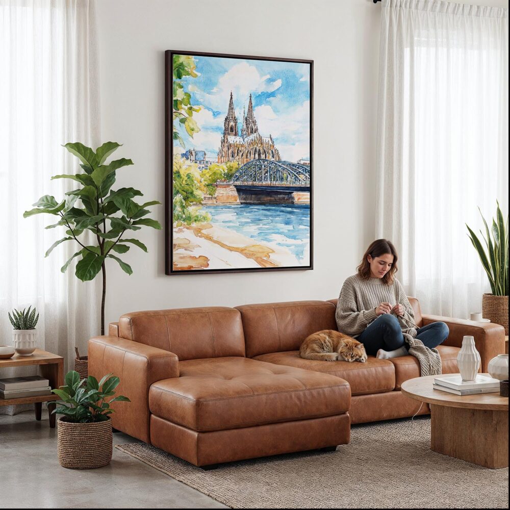 04 - Framed Cologne Cathedral Watercolor Canvas Print - Woman Knitting on leather couch - Vertical.jpg 04 - Framed Cologne Cathedral Watercolor Canvas Print - Woman Knitting on leather couch - Vertical.jpg