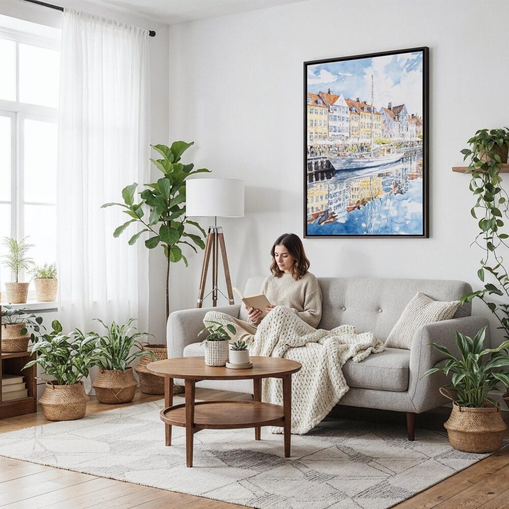 04 - Framed Copenhagen Denmark Watercolor Canvas Print - Woman reading on couch - Vertical.jpg 04 - Framed Copenhagen Denmark Watercolor Canvas Print - Woman reading on couch - Vertical.jpg