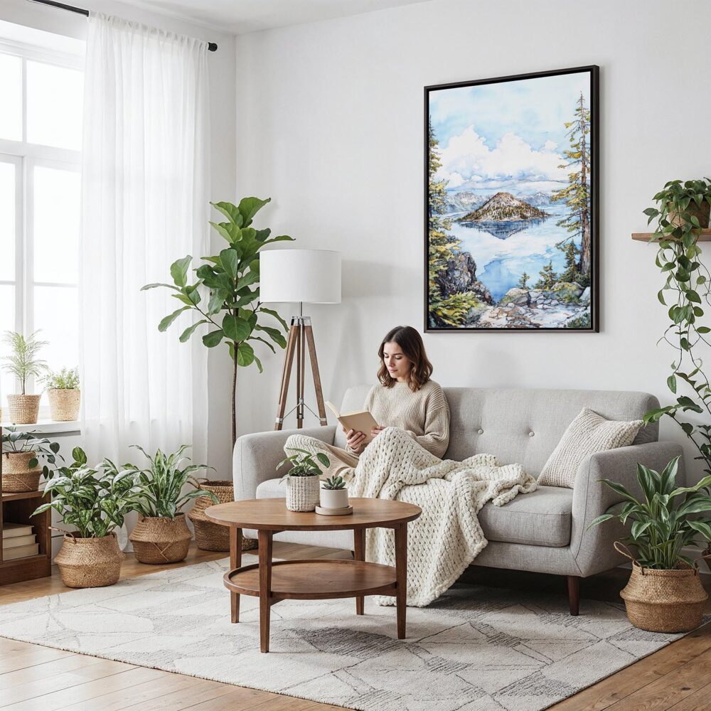 04 - Framed Crater Lake National Park Watercolor Canvas Print - Woman reading on couch - Vertical.jpg 04 - Framed Crater Lake National Park Watercolor Canvas Print - Woman reading on couch - Vertical.jpg