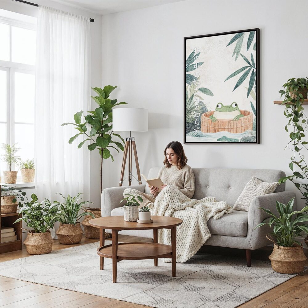 04 - Framed Cute Frog in Japanese Bathtub Illustration Canvas Print - Woman reading on couch - Vertical.jpg 04 - Framed Cute Frog in Japanese Bathtub Illustration Canvas Print - Woman reading on couch - Vertical.jpg