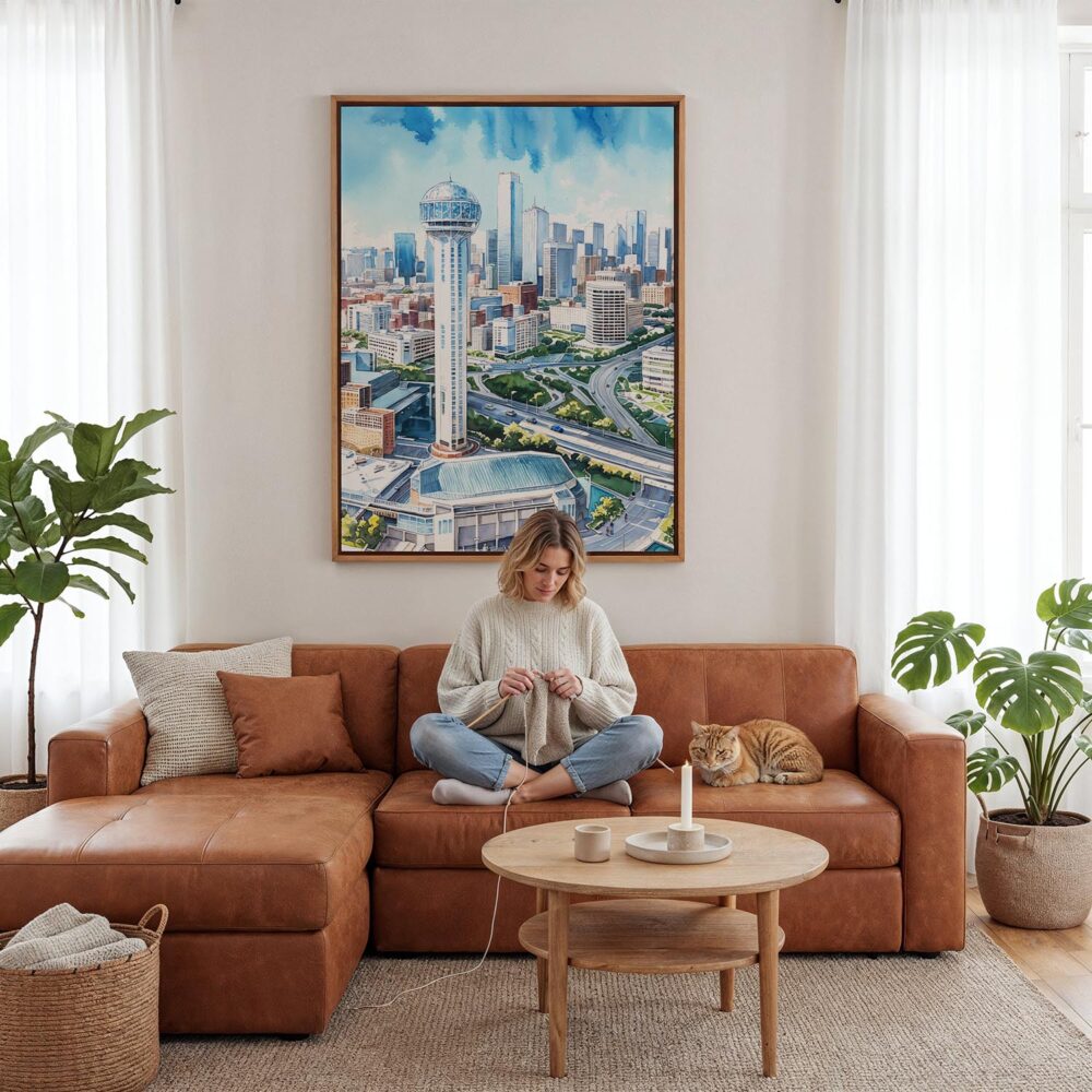 04 - Framed Dallas Texas Skyline Watercolor Canvas Print - Woman Knitting - Vertical.jpg 04 - Framed Dallas Texas Skyline Watercolor Canvas Print - Woman Knitting - Vertical.jpg