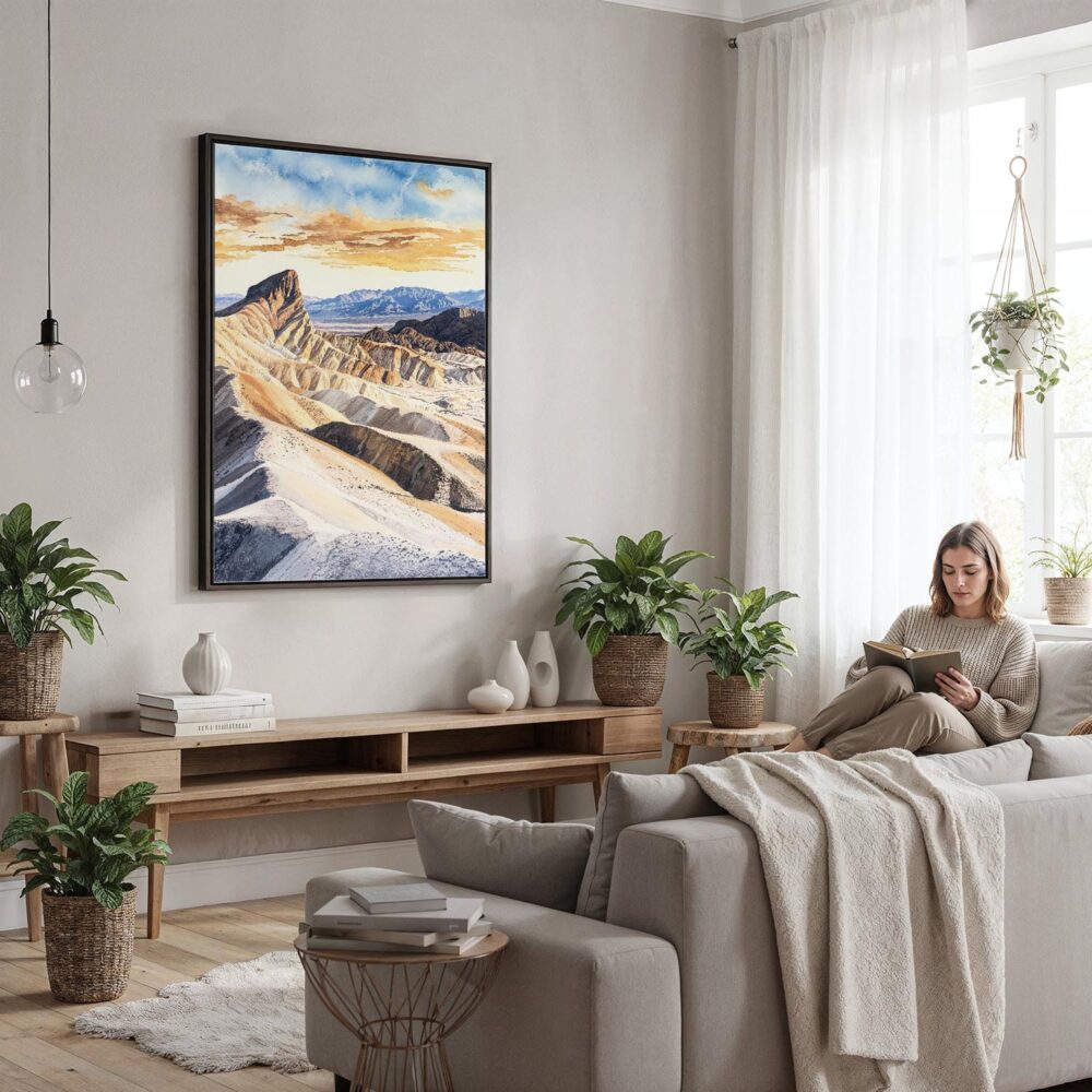 04 - Framed Death Valley National Park Watercolor Canvas Print - Woman reading in modern Living Room - Vertical.jpg 04 - Framed Death Valley National Park Watercolor Canvas Print - Woman reading in modern Living Room - Vertical.jpg