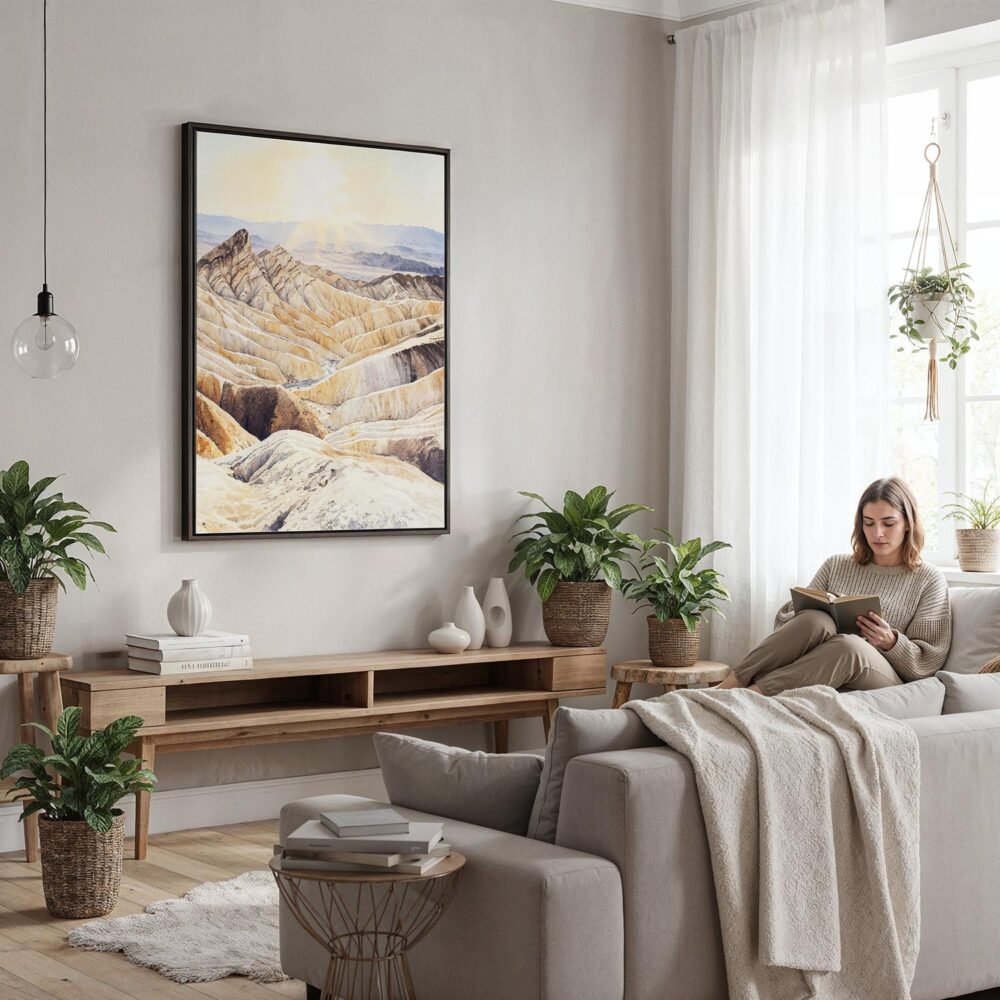 04 - Framed Death Valley Watercolor Canvas Print - Woman reading in modern Living Room - Vertical.jpg 04 - Framed Death Valley Watercolor Canvas Print - Woman reading in modern Living Room - Vertical.jpg