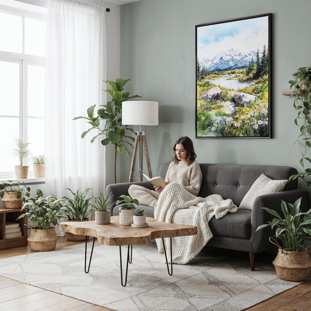 04 - Framed Denali National Park Watercolor Canvas Print - Woman reading in Boho Living Room - Vertical.jpg 04 - Framed Denali National Park Watercolor Canvas Print - Woman reading in Boho Living Room - Vertical.jpg