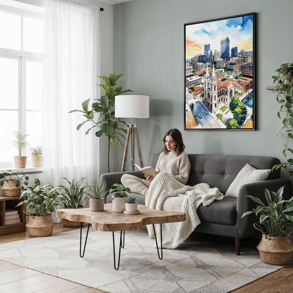 04 - Framed Denver Colorado Skyline Watercolor Canvas Print - Woman reading in Boho Living Room - Vertical.jpg 04 - Framed Denver Colorado Skyline Watercolor Canvas Print - Woman reading in Boho Living Room - Vertical.jpg