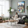04 - Framed Denver Colorado Skyline Watercolor Canvas Print - Woman reading in Boho Living Room - Vertical.jpg