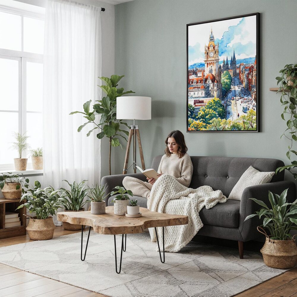 04 - Framed Edinburgh Skyline Watercolor Canvas Print - Woman reading in Boho Living Room - Vertical.jpg 04 - Framed Edinburgh Skyline Watercolor Canvas Print - Woman reading in Boho Living Room - Vertical.jpg