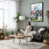 04 - Framed Edinburgh Skyline Watercolor Canvas Print - Woman reading in Boho Living Room - Vertical.jpg