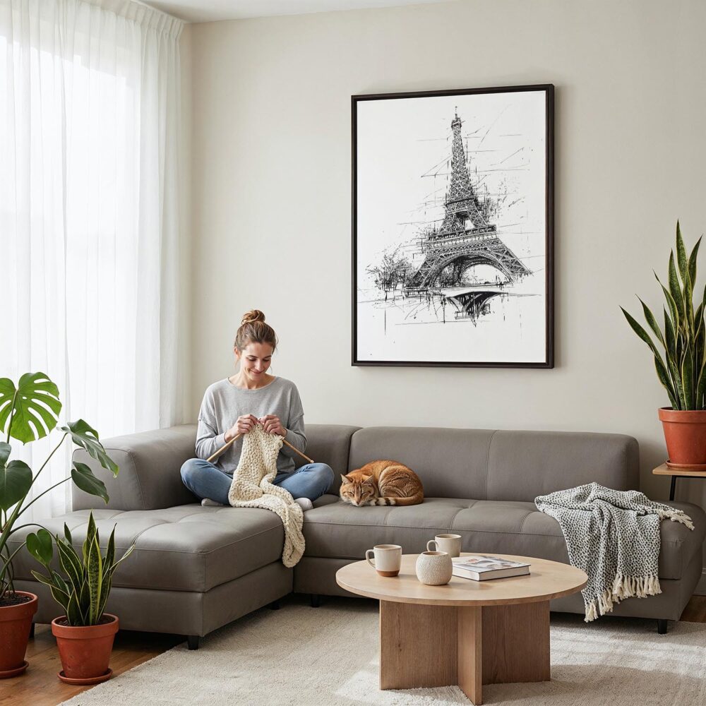 04 - Framed Eiffel Tower - Pencil Drawing Canvas Print - Woman Knitting on grey couch - Vertical.jpg 04 - Framed Eiffel Tower - Pencil Drawing Canvas Print - Woman Knitting on grey couch - Vertical.jpg