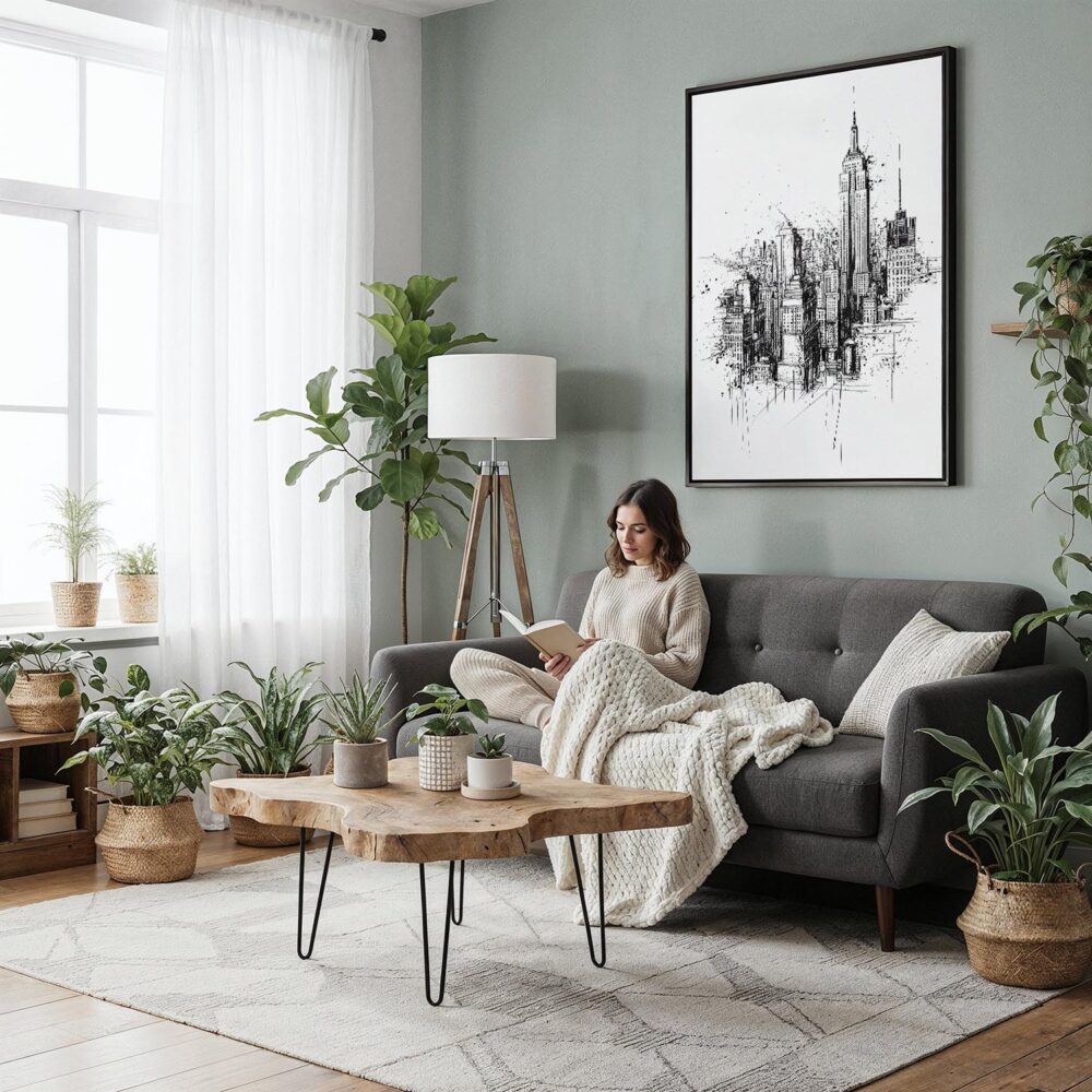 04 - Framed Empire State Building - Pencil Drawing Canvas Print - Woman reading in Boho Living Room - Vertical.jpg 04 - Framed Empire State Building - Pencil Drawing Canvas Print - Woman reading in Boho Living Room - Vertical.jpg