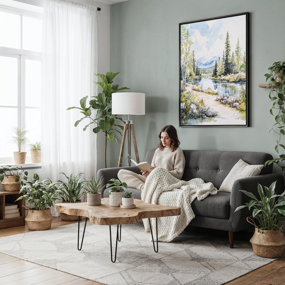 04 - Framed Fairbanks Alaska Watercolor Canvas Print - Woman reading in Boho Living Room - Vertical.jpg 04 - Framed Fairbanks Alaska Watercolor Canvas Print - Woman reading in Boho Living Room - Vertical.jpg