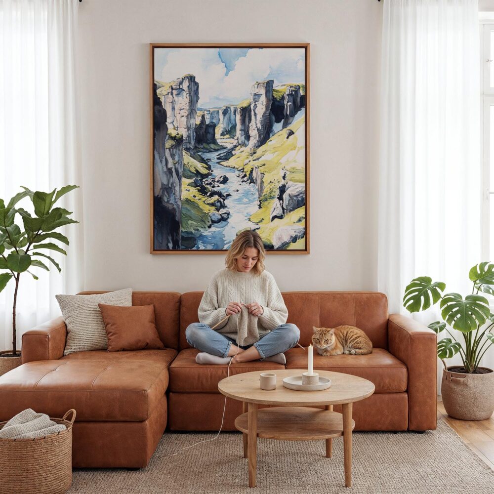 04 - Framed Fjadrargljufur Canyon Watercolor Canvas Print - Woman Knitting - Vertical.jpg 04 - Framed Fjadrargljufur Canyon Watercolor Canvas Print - Woman Knitting - Vertical.jpg