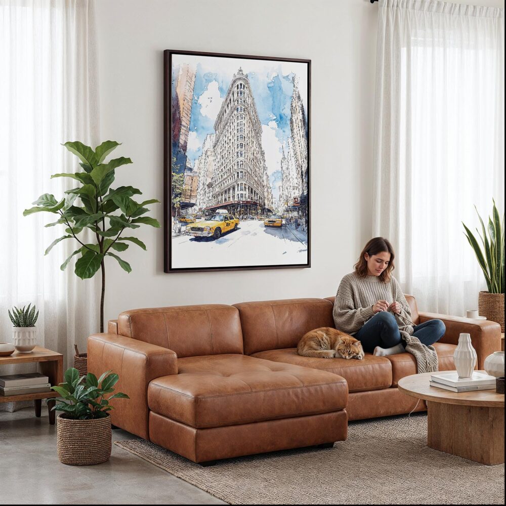 04 - Framed Flatiron Watercolor Canvas Print - Woman Knitting on leather couch - Vertical.jpg 04 - Framed Flatiron Watercolor Canvas Print - Woman Knitting on leather couch - Vertical.jpg