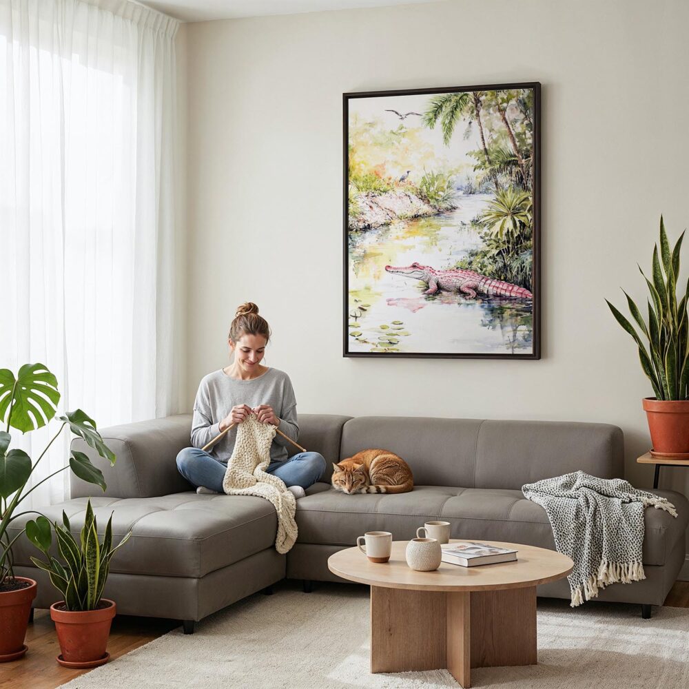 04 - Framed Floride Everglades Watercolor Canvas Print - Woman Knitting on grey couch - Vertical.jpg 04 - Framed Floride Everglades Watercolor Canvas Print - Woman Knitting on grey couch - Vertical.jpg