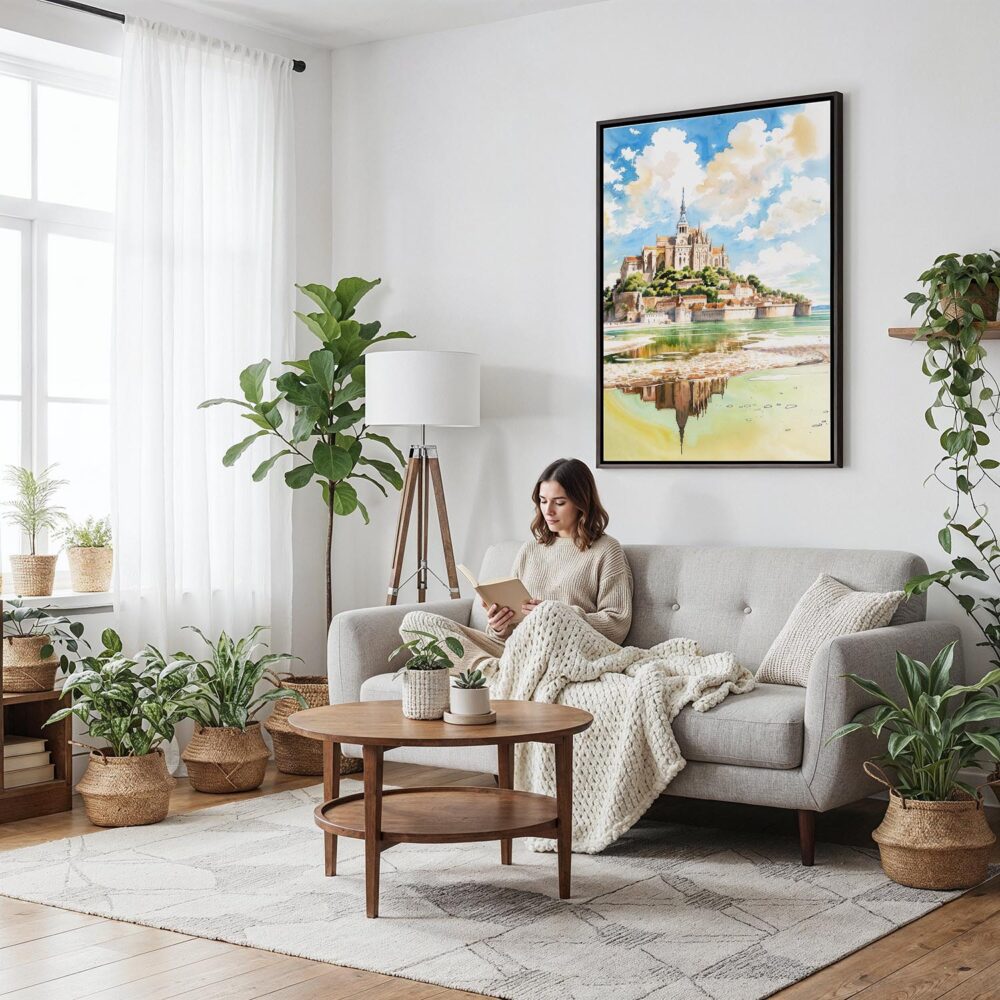 04 - Framed France Mont Saint Michel Watercolor Canvas Print - Woman reading on couch - Vertical.jpg 04 - Framed France Mont Saint Michel Watercolor Canvas Print - Woman reading on couch - Vertical.jpg