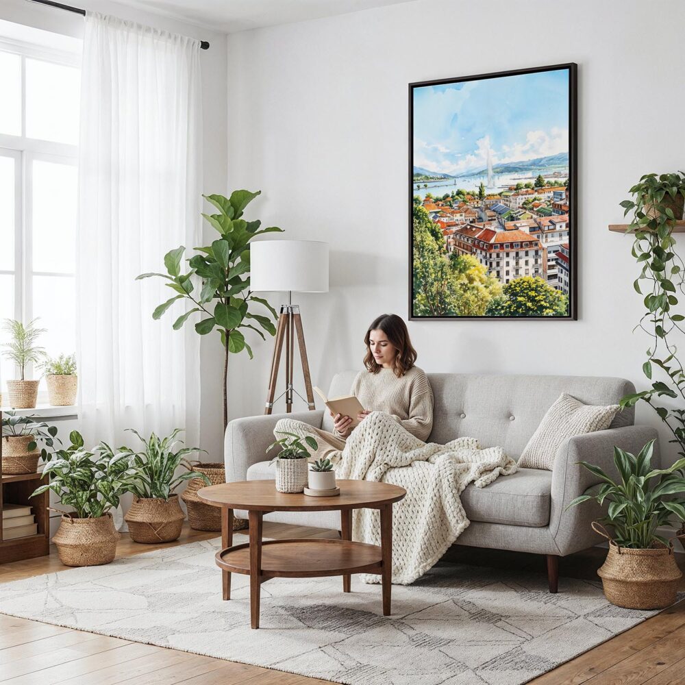 04 - Framed Geneva Switzerland Watercolor Canvas Print - Woman reading on couch - Vertical.jpg 04 - Framed Geneva Switzerland Watercolor Canvas Print - Woman reading on couch - Vertical.jpg
