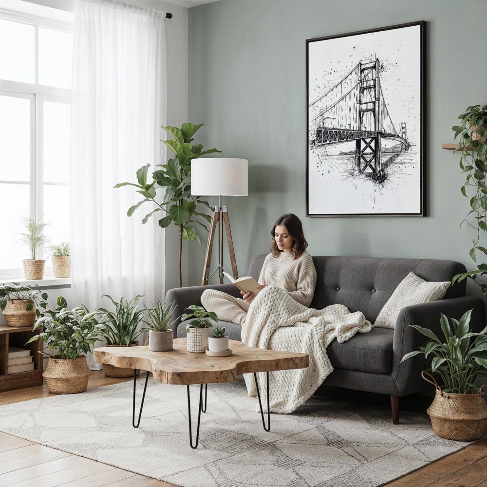 04 - Framed Golden Gate Bridge - Pencil Drawing Canvas Print - Woman reading in Boho Living Room - Vertical.jpg 04 - Framed Golden Gate Bridge - Pencil Drawing Canvas Print - Woman reading in Boho Living Room - Vertical.jpg