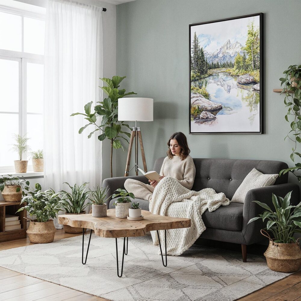 04 - Framed Grand Teton National Park Watercolor Canvas Print - Woman reading in Boho Living Room - Vertical.jpg 04 - Framed Grand Teton National Park Watercolor Canvas Print - Woman reading in Boho Living Room - Vertical.jpg