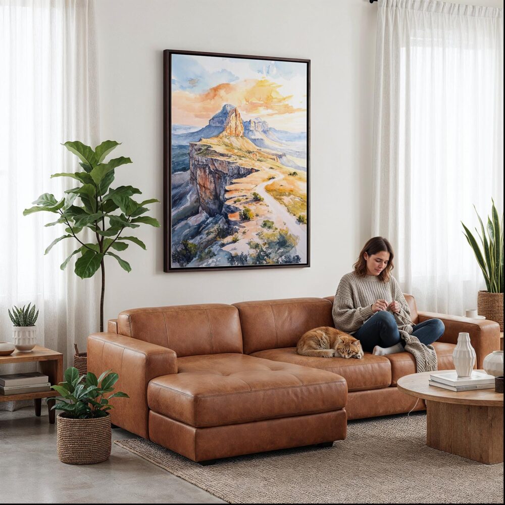 04 - Framed Guadalupe Mountains National Park Canvas Print - Woman Knitting on leather couch - Vertical.jpg 04 - Framed Guadalupe Mountains National Park Canvas Print - Woman Knitting on leather couch - Vertical.jpg