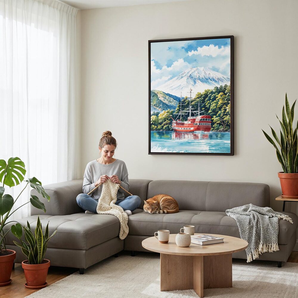 04 - Framed Hakone with Mount Fuji Watercolor Canvas Print - Woman Knitting on grey couch - Vertical.jpg 04 - Framed Hakone with Mount Fuji Watercolor Canvas Print - Woman Knitting on grey couch - Vertical.jpg
