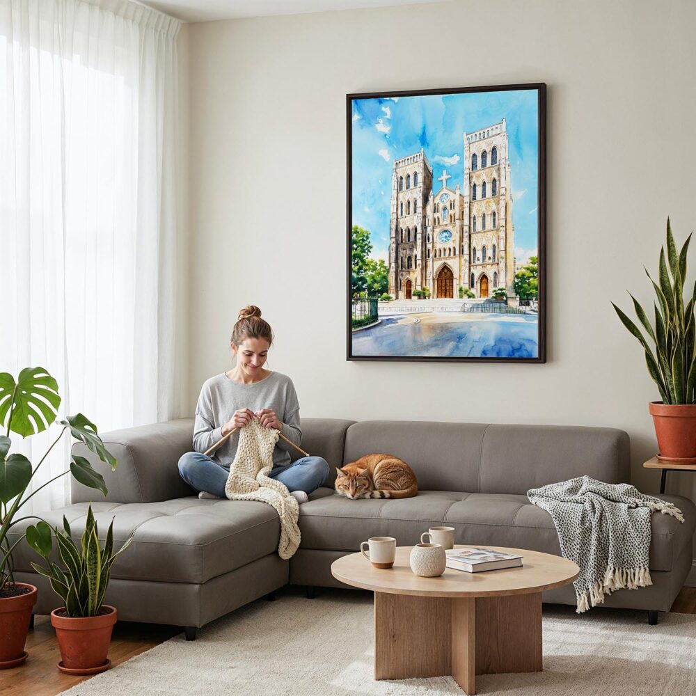 04 - Framed Hanoi St Josephs Cathedral Watercolor Canvas Print - Woman Knitting on grey couch - Vertical.jpg 04 - Framed Hanoi St Josephs Cathedral Watercolor Canvas Print - Woman Knitting on grey couch - Vertical.jpg