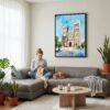 04 - Framed Hanoi St Josephs Cathedral Watercolor Canvas Print - Woman Knitting on grey couch - Vertical.jpg