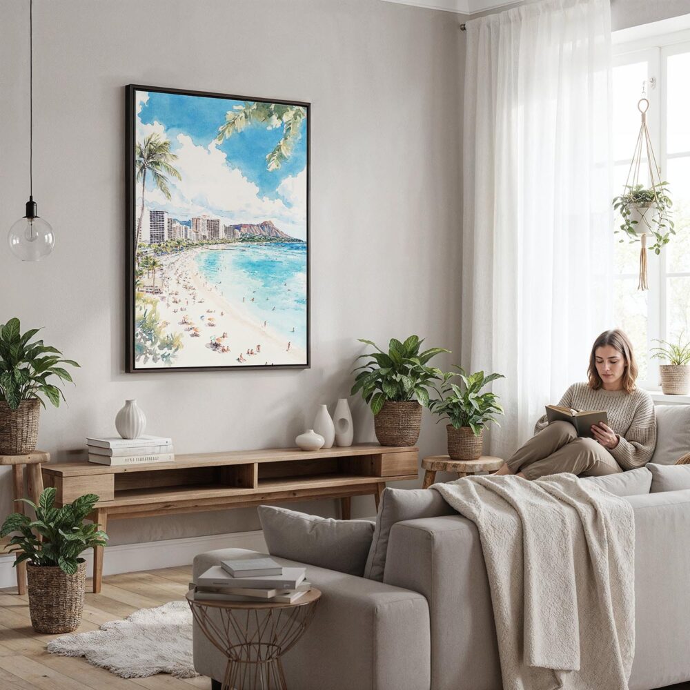 04 - Framed Hawaii - Honolulu - Watercolor Canvas Print - Woman reading in modern Living Room - Vertical.jpg 04 - Framed Hawaii - Honolulu - Watercolor Canvas Print - Woman reading in modern Living Room - Vertical.jpg