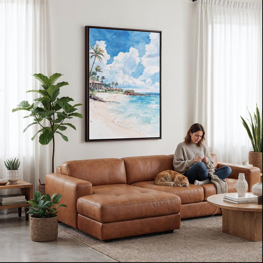 04 - Framed Hawaii - Maui - Watercolor Canvas Print - Woman Knitting on leather couch - Vertical.jpg 04 - Framed Hawaii - Maui - Watercolor Canvas Print - Woman Knitting on leather couch - Vertical.jpg