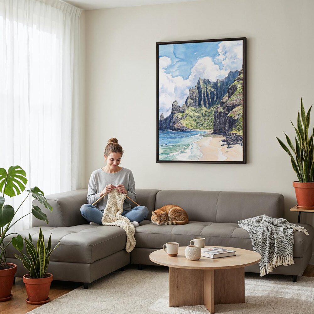 04 - Framed Hawaii - Nā Pali Watercolor Canvas Print - Woman Knitting on grey couch - Vertical.jpg 04 - Framed Hawaii - Nā Pali Watercolor Canvas Print - Woman Knitting on grey couch - Vertical.jpg
