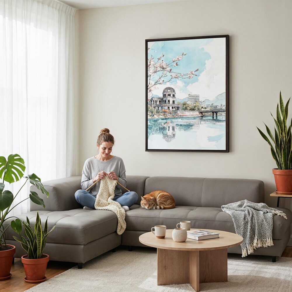 04 - Framed Hiroshima - Watercolor Canvas Print - Woman Knitting on grey couch - Vertical.jpg 04 - Framed Hiroshima - Watercolor Canvas Print - Woman Knitting on grey couch - Vertical.jpg