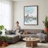 04 - Framed Hiroshima - Watercolor Canvas Print - Woman Knitting on grey couch - Vertical.jpg