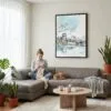 04 - Framed Hiroshima - Watercolor Canvas Print - Woman Knitting on grey couch - Vertical.jpg