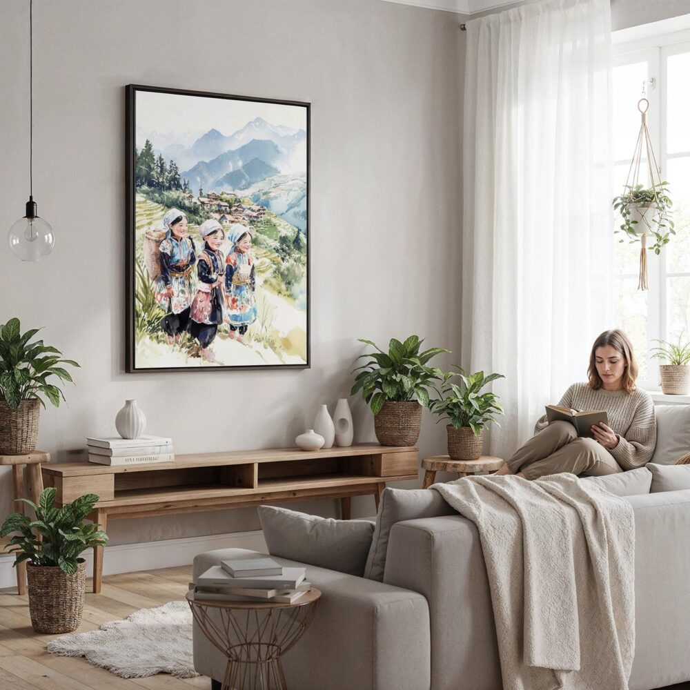 04 - Framed Hmong People in Sapa Vietnam Watercolor Canvas Print - Woman reading in modern Living Room - Vertical.jpg 04 - Framed Hmong People in Sapa Vietnam Watercolor Canvas Print - Woman reading in modern Living Room - Vertical.jpg