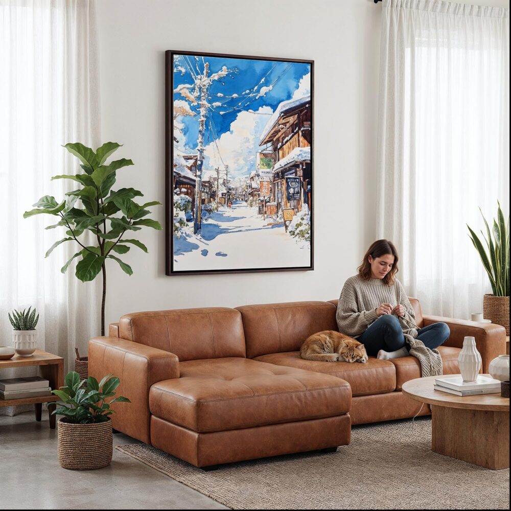 04 - Framed Hokkaido Village - Watercolor Canvas Print - Woman Knitting on leather couch - Vertical.jpg 04 - Framed Hokkaido Village - Watercolor Canvas Print - Woman Knitting on leather couch - Vertical.jpg
