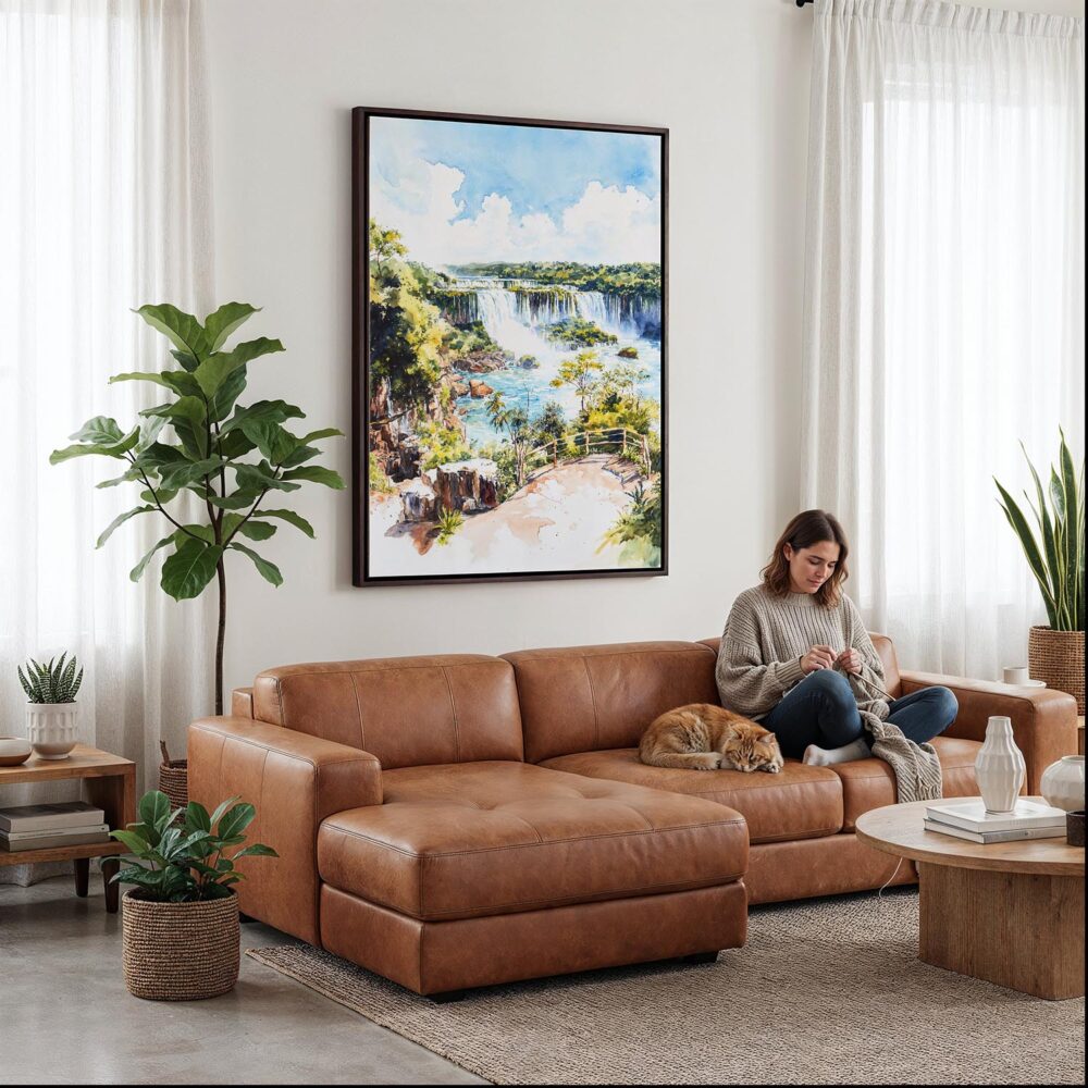 04 - Framed Iguazu Falls watercolor Canvas Print - Woman Knitting on leather couch - Vertical.jpg 04 - Framed Iguazu Falls watercolor Canvas Print - Woman Knitting on leather couch - Vertical.jpg