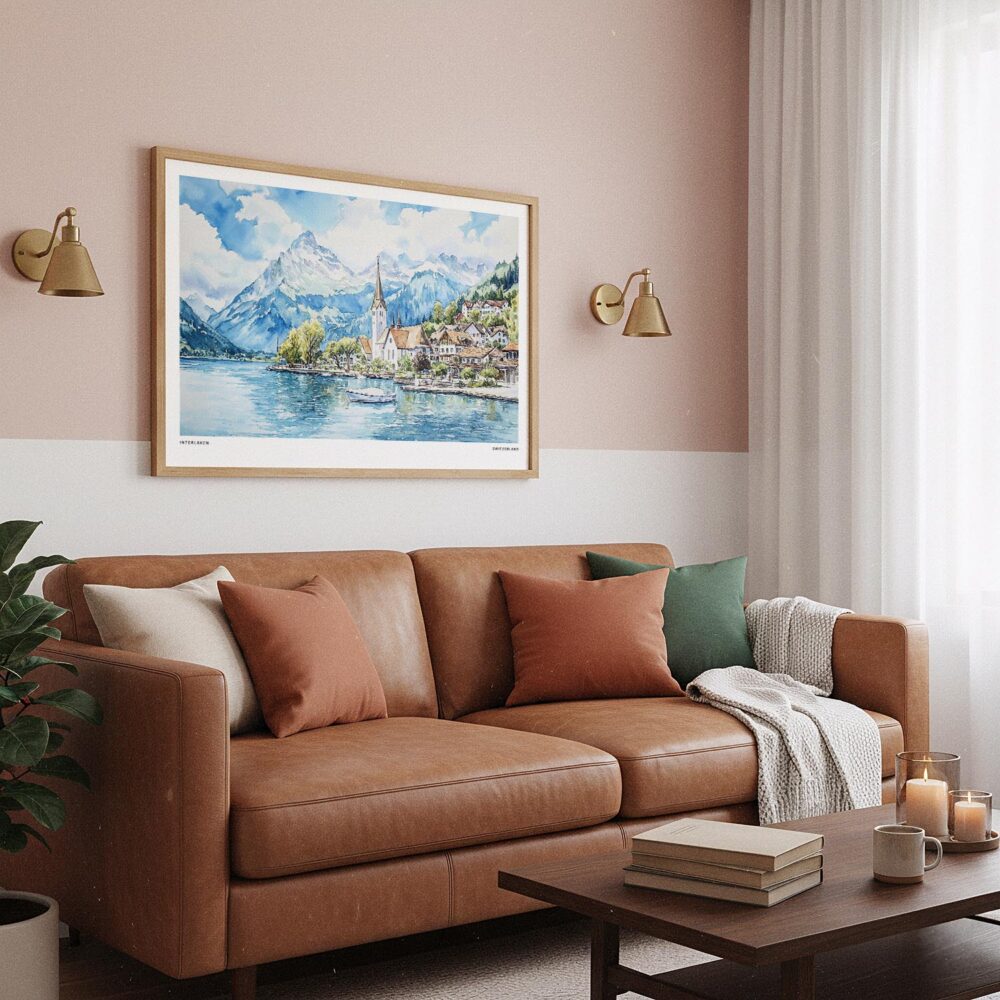 04 - Framed Interlaken Watercolor - Horizontal Art Print hanging in Boho Living Room.jpg 04 - Framed Interlaken Watercolor - Horizontal Art Print hanging in Boho Living Room.jpg