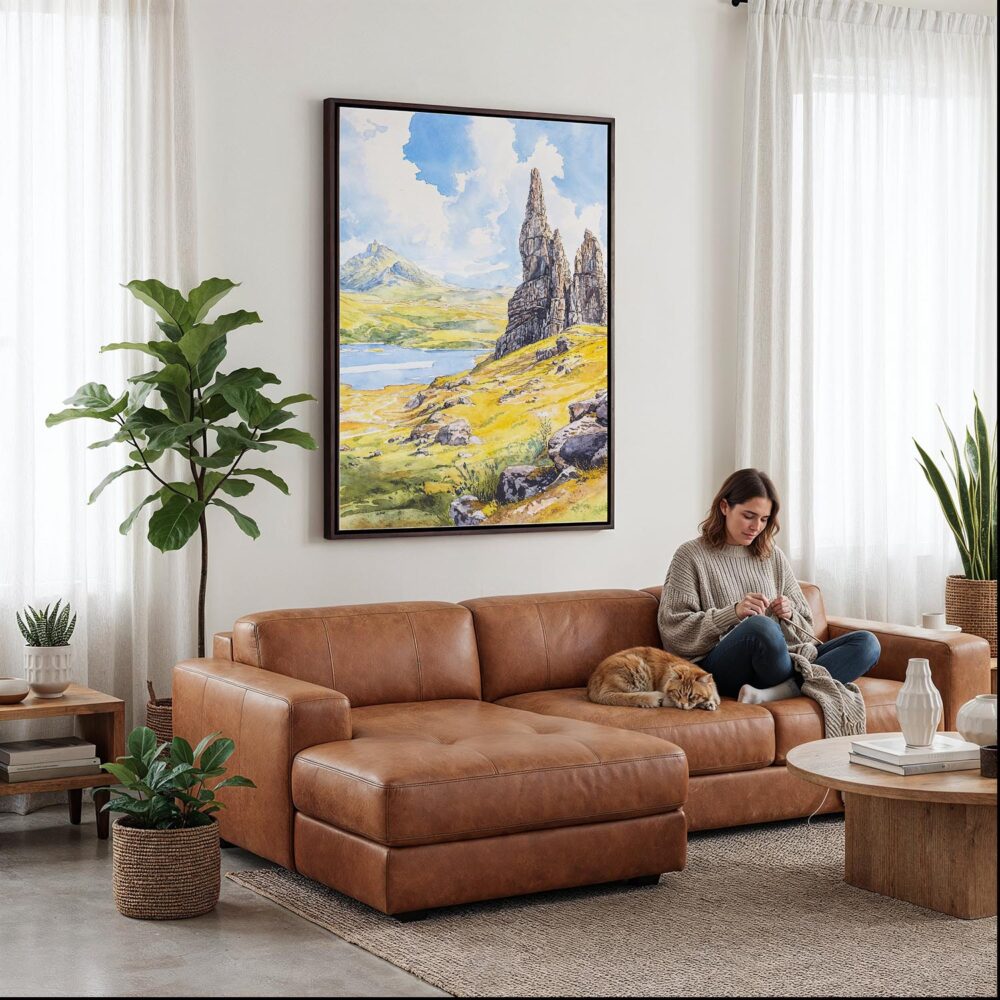 04 - Framed Isle of Skye Watercolor Canvas Print - Woman Knitting on leather couch - Vertical.jpg 04 - Framed Isle of Skye Watercolor Canvas Print - Woman Knitting on leather couch - Vertical.jpg
