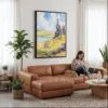 04 - Framed Isle of Skye Watercolor Canvas Print - Woman Knitting on leather couch - Vertical.jpg