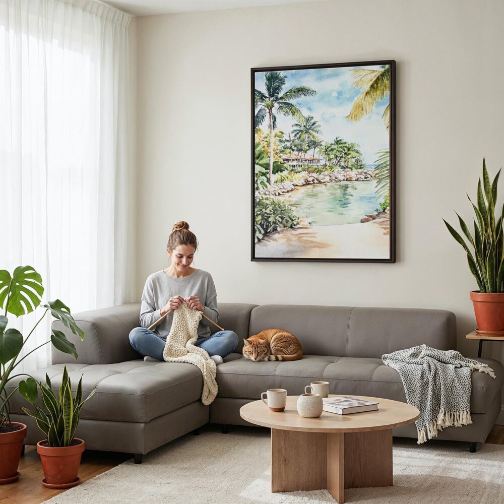 04 - Framed Jamaica Caribbean Island Watercolor Canvas Print - Woman Knitting on grey couch - Vertical.jpg 04 - Framed Jamaica Caribbean Island Watercolor Canvas Print - Woman Knitting on grey couch - Vertical.jpg