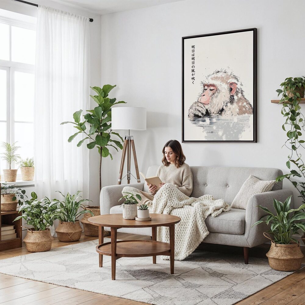 04 - Framed Japanese Macaque in Onsen Vintage Illustration Canvas Print - Woman reading on couch - Vertical.jpg 04 - Framed Japanese Macaque in Onsen Vintage Illustration Canvas Print - Woman reading on couch - Vertical.jpg