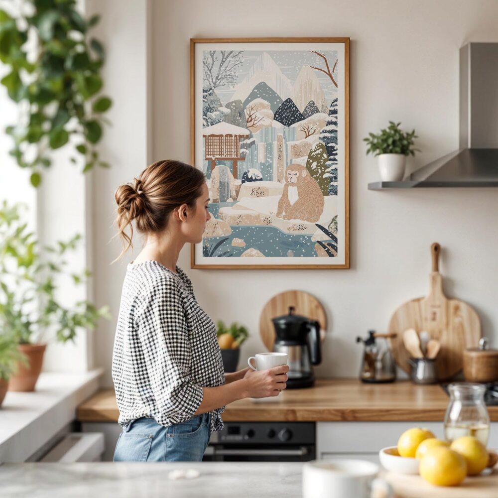 04 - Framed Japanese Macaque in Outdoor Onsen Winter Landscape Illustration Art Print hanging in Kitchen with woman making coffee.jpg 04 - Framed Japanese Macaque in Outdoor Onsen Winter Landscape Illustration Art Print hanging in Kitchen with woman making coffee.jpg