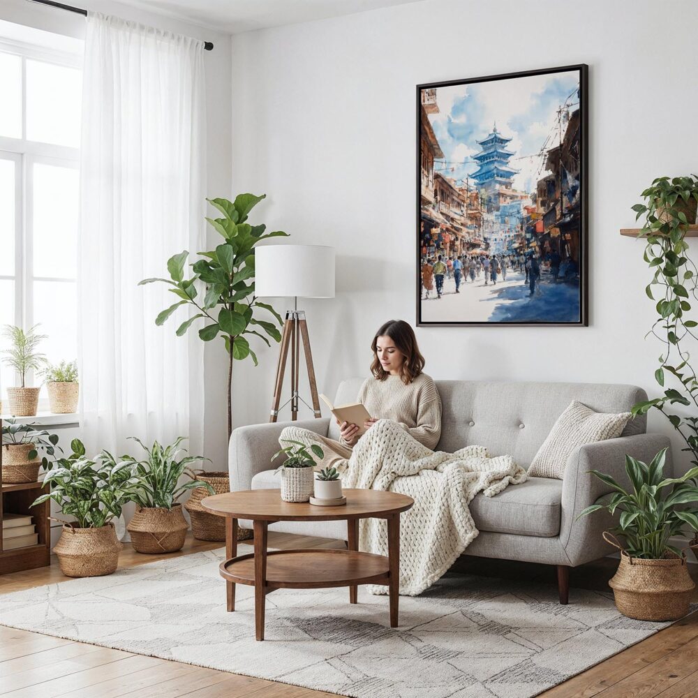 04 - Framed Kathmandu Nepal Watercolor Canvas Print - Woman reading on couch - Vertical.jpg 04 - Framed Kathmandu Nepal Watercolor Canvas Print - Woman reading on couch - Vertical.jpg