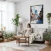 04 - Framed Kathmandu Nepal Watercolor Canvas Print - Woman reading on couch - Vertical.jpg