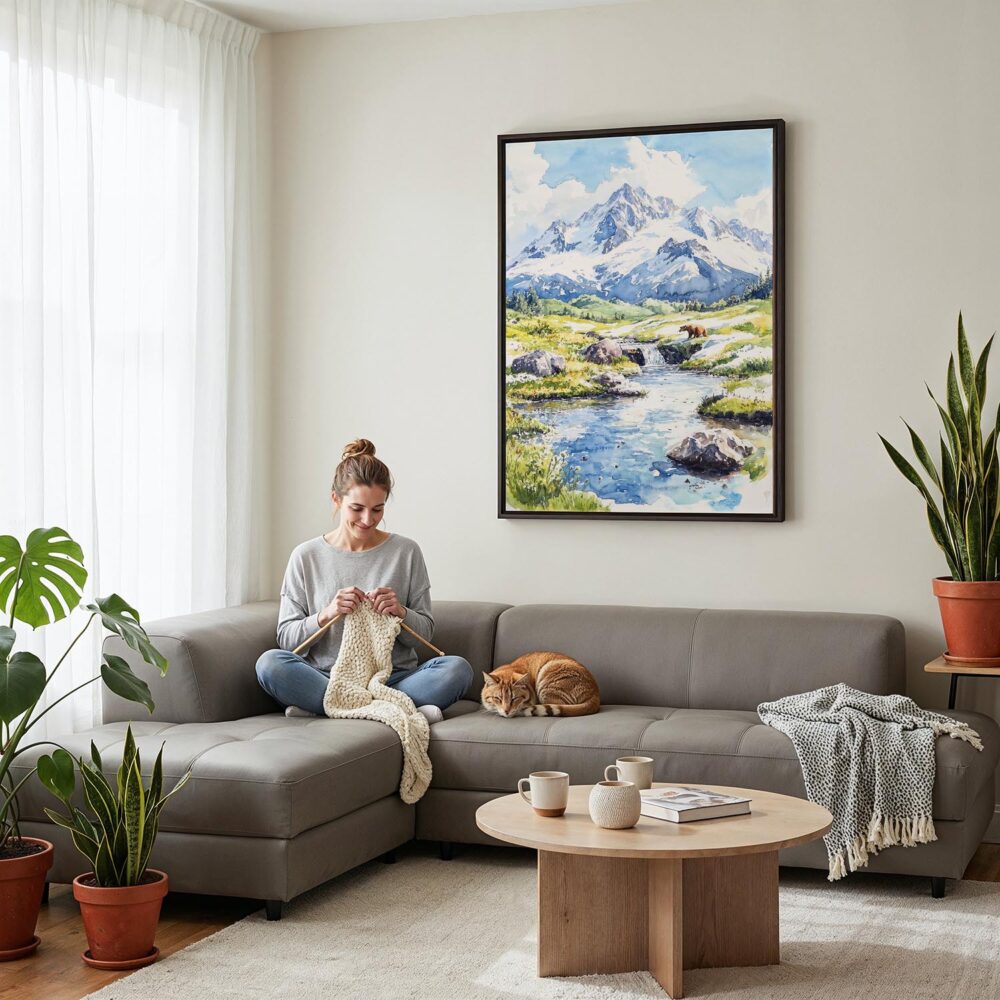 04 - Framed Katmai National Park Canvas Print - Woman Knitting on grey couch - Vertical.jpg 04 - Framed Katmai National Park Canvas Print - Woman Knitting on grey couch - Vertical.jpg
