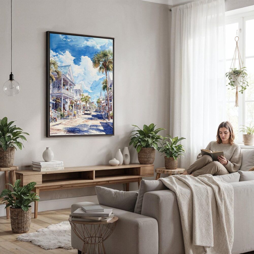 04 - Framed Key West - Duval street - Watercolor Canvas Print - Woman reading in modern Living Room - Vertical.jpg 04 - Framed Key West - Duval street - Watercolor Canvas Print - Woman reading in modern Living Room - Vertical.jpg