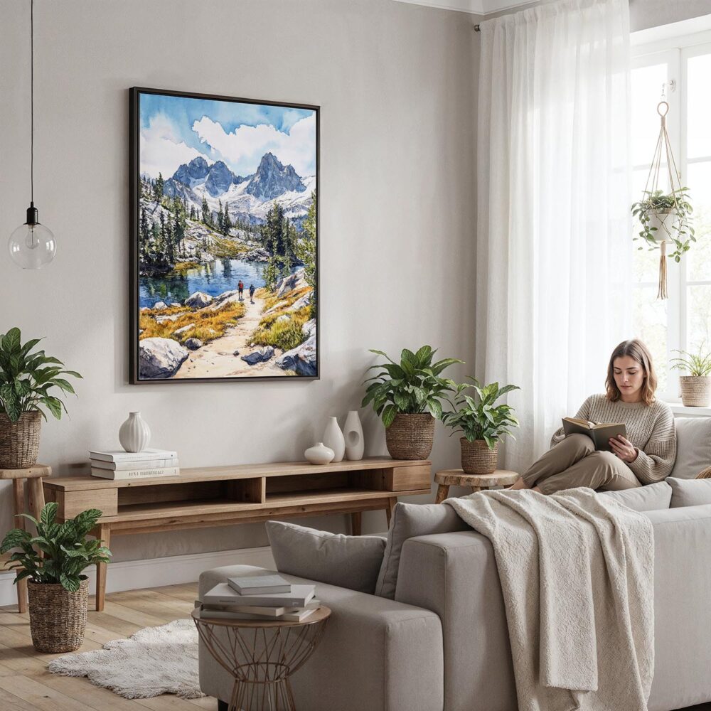 04 - Framed Kings Canyon National Park Watercolor Canvas Print - Woman reading in modern Living Room - Vertical.jpg 04 - Framed Kings Canyon National Park Watercolor Canvas Print - Woman reading in modern Living Room - Vertical.jpg
