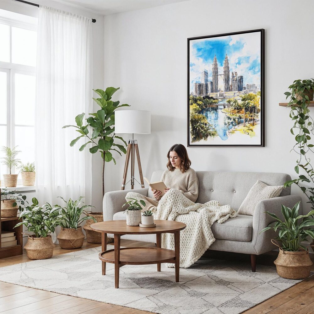 04 - Framed Kuala Lumpur Watercolor Canvas Print - Woman reading on couch - Vertical.jpg 04 - Framed Kuala Lumpur Watercolor Canvas Print - Woman reading on couch - Vertical.jpg