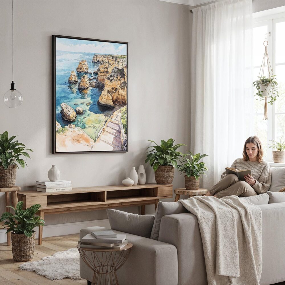 04 - Framed Lagos Portgual Cliffs Watercolor Canvas Print - Woman reading in modern Living Room - Vertical.jpg 04 - Framed Lagos Portgual Cliffs Watercolor Canvas Print - Woman reading in modern Living Room - Vertical.jpg