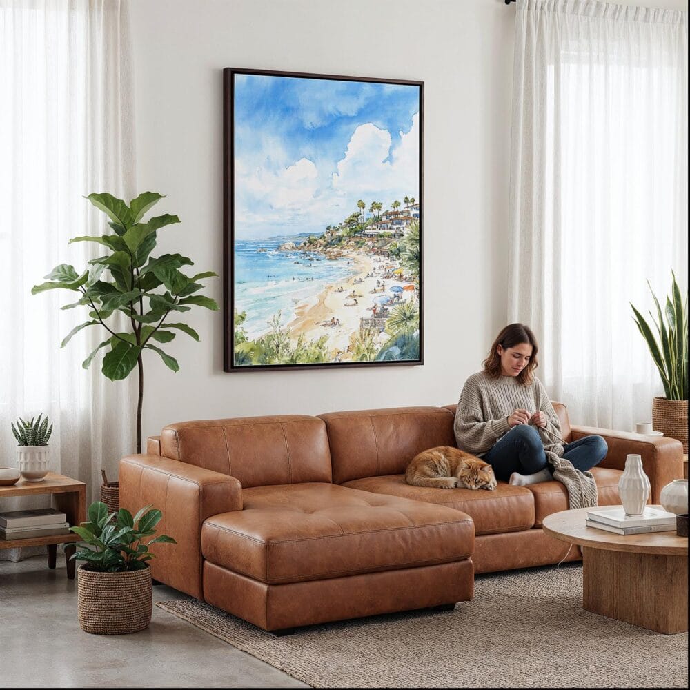 04 - Framed Laguna Beach Watercolor Canvas Print - Woman Knitting on leather couch - Vertical.jpg 04 - Framed Laguna Beach Watercolor Canvas Print - Woman Knitting on leather couch - Vertical.jpg
